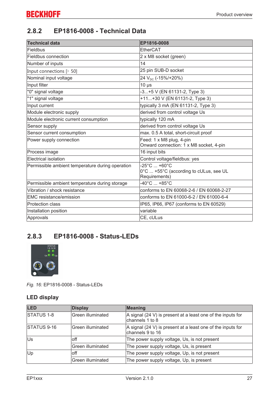 2 ep1816-0008 - technical data, 3 ep1816-0008 - status-leds | BECKHOFF EP1xxx User Manual | Page 27 / 69