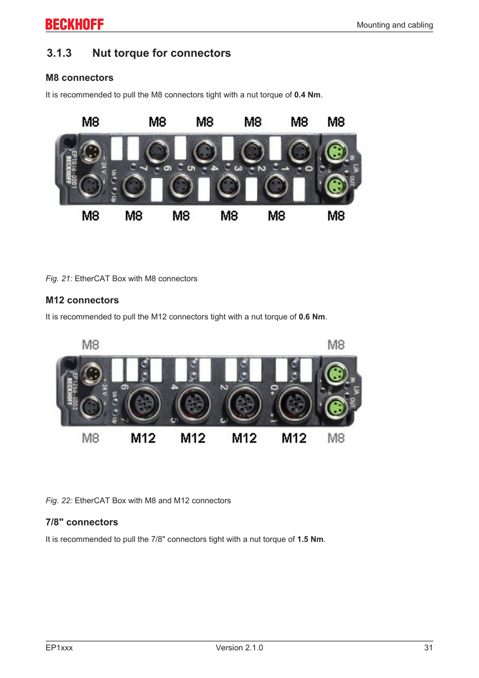 3 nut torque for connectors | BECKHOFF EP1xxx User Manual | Page 31 / 69