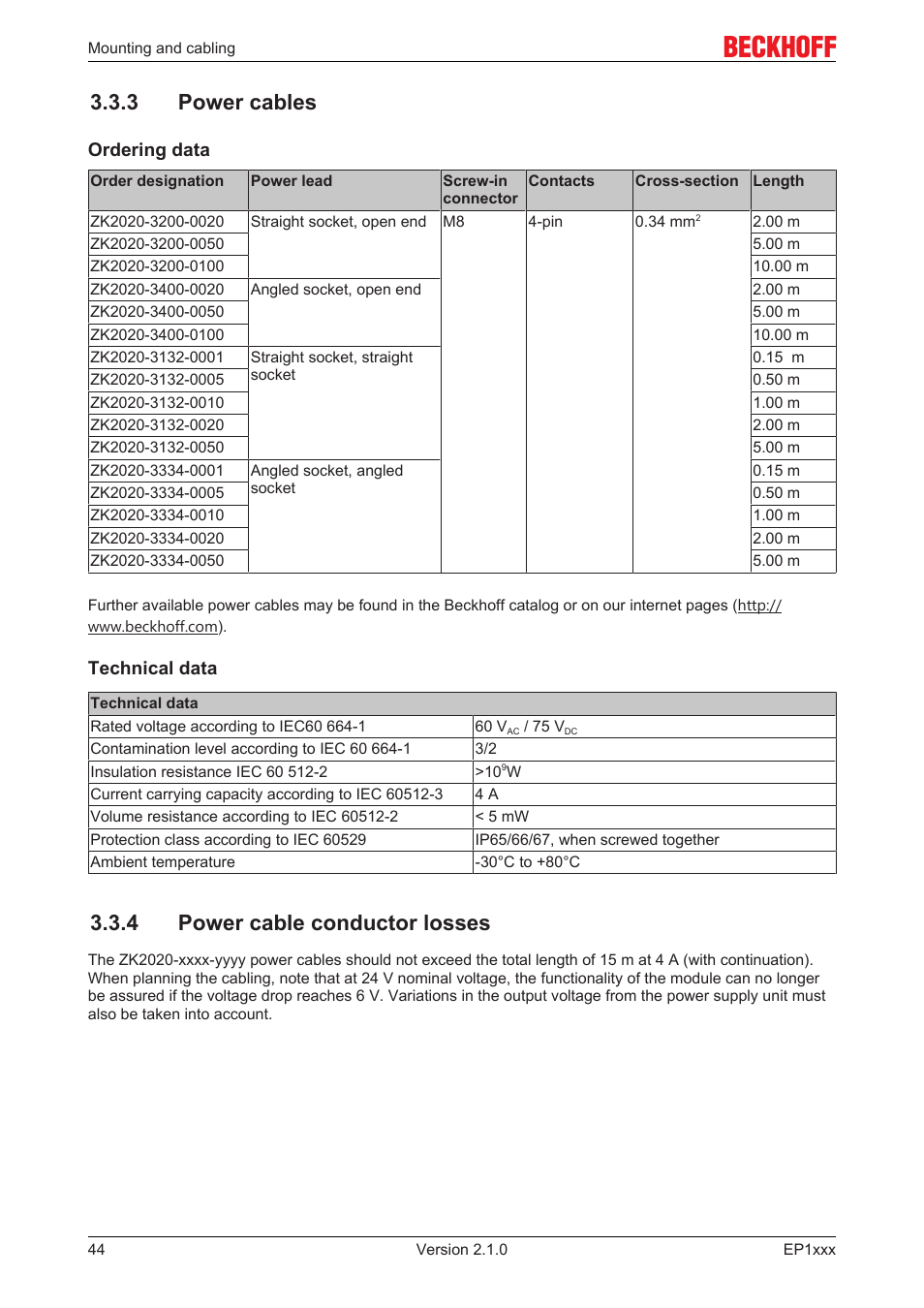 3 power cables, 4 power cable conductor losses | BECKHOFF EP1xxx User Manual | Page 44 / 69