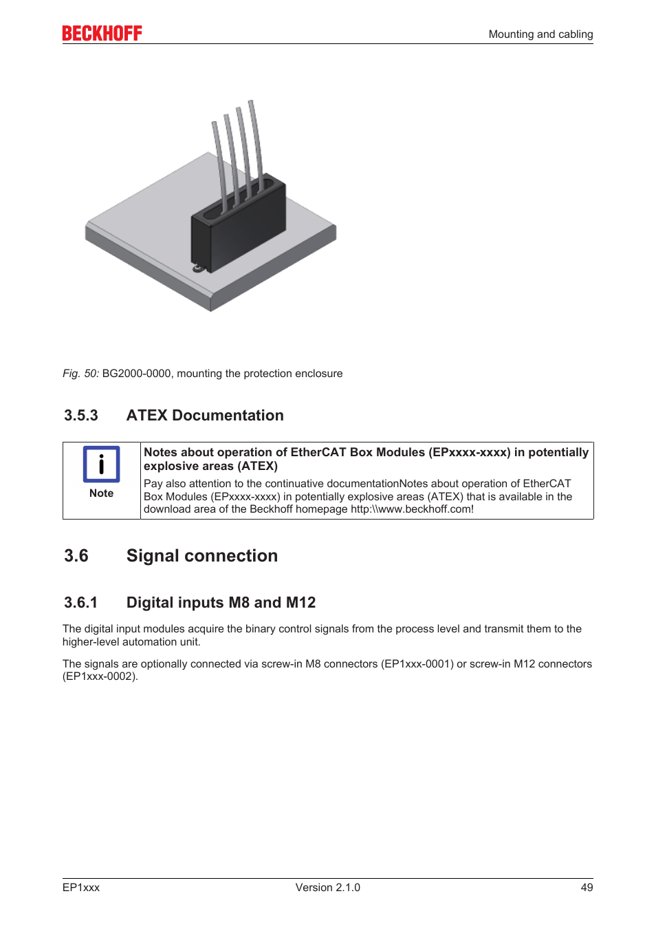 3 atex documentation, 6 signal connection, 1 digital inputs m8 and m12 | BECKHOFF EP1xxx User Manual | Page 49 / 69