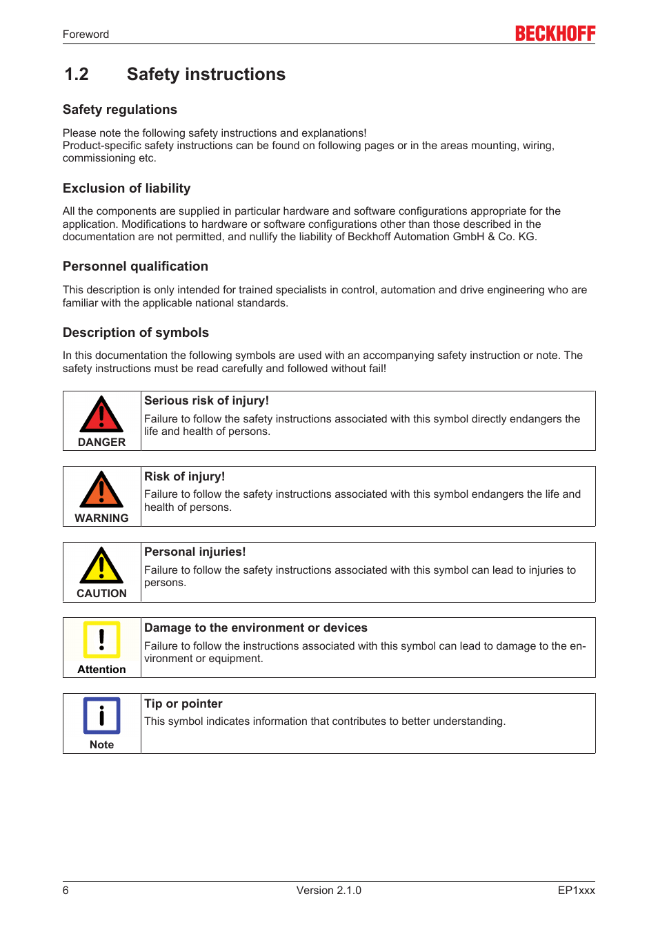 2 safety instructions | BECKHOFF EP1xxx User Manual | Page 6 / 69