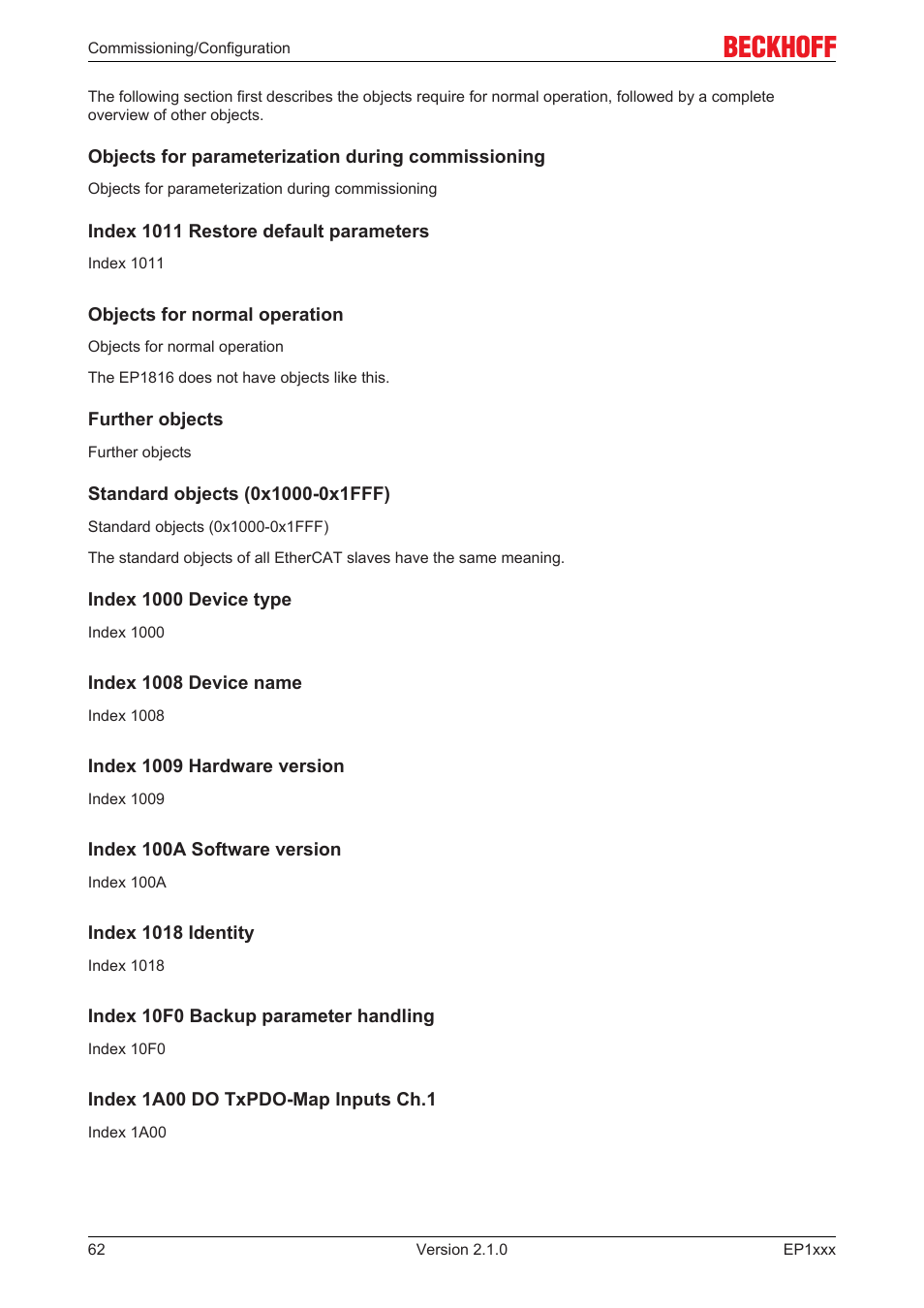 Objects required for parameterization, Objects intended for regular operation, 62], e.g. through ads access | Objects for indicating internal settings | BECKHOFF EP1xxx User Manual | Page 62 / 69