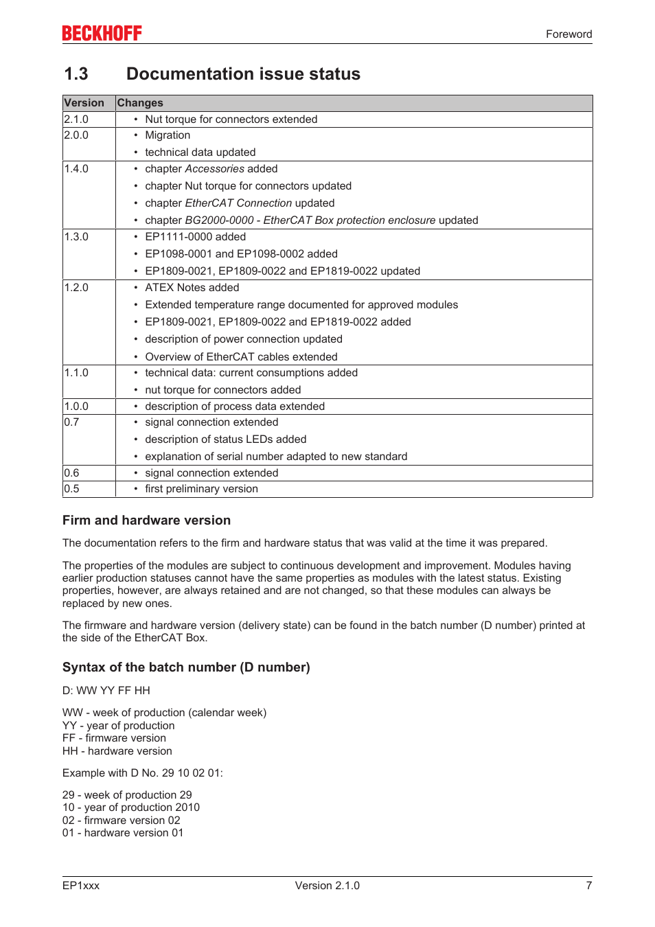 3 documentation issue status | BECKHOFF EP1xxx User Manual | Page 7 / 69