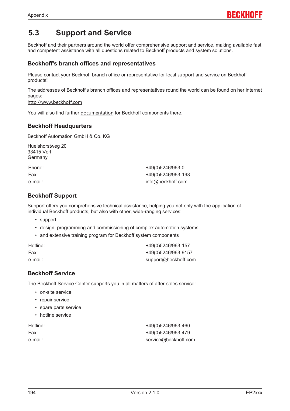 3 support and service | BECKHOFF EP2xxx User Manual | Page 194 / 197