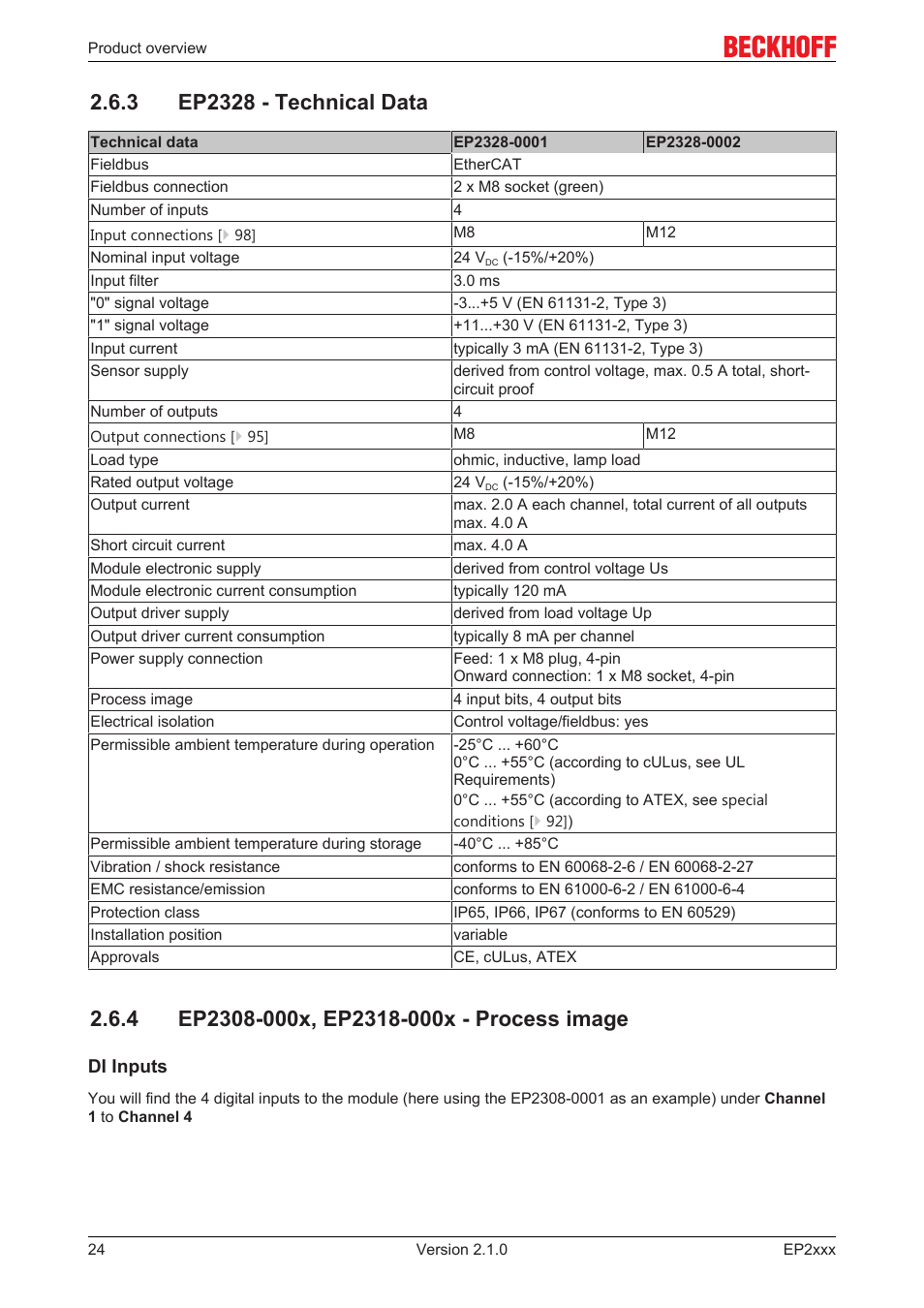 3 ep2328 - technical data, 4 ep2308-000x, ep2318-000x - process image | BECKHOFF EP2xxx User Manual | Page 24 / 197