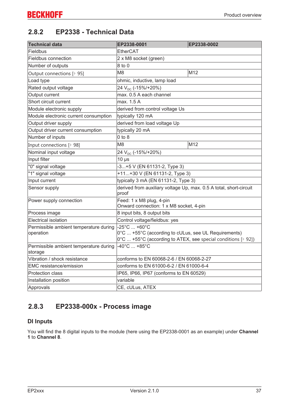 2 ep2338 - technical data, 3 ep2338-000x - process image | BECKHOFF EP2xxx User Manual | Page 37 / 197
