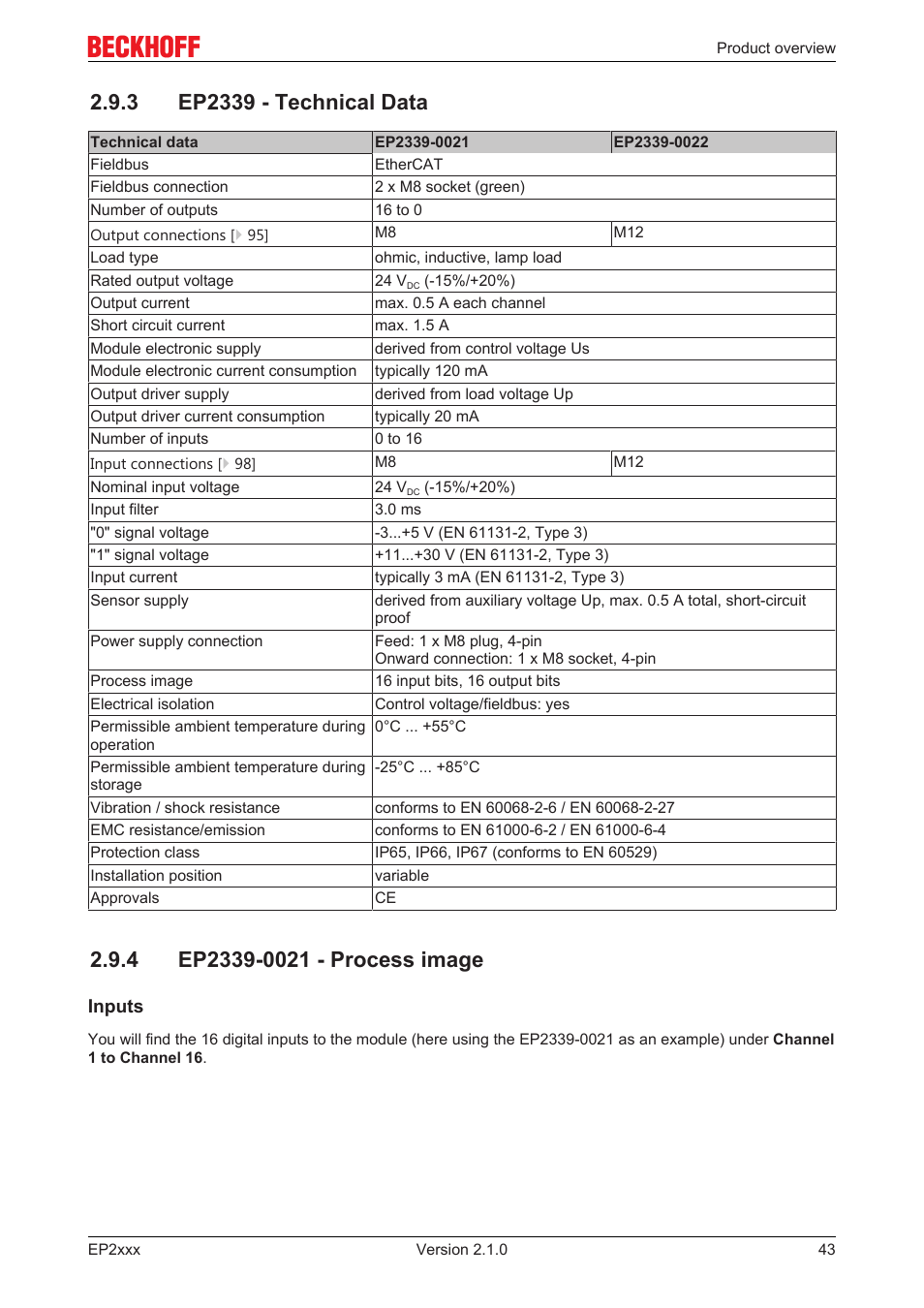 3 ep2339 - technical data, 4 ep2339-0021 - process image | BECKHOFF EP2xxx User Manual | Page 43 / 197