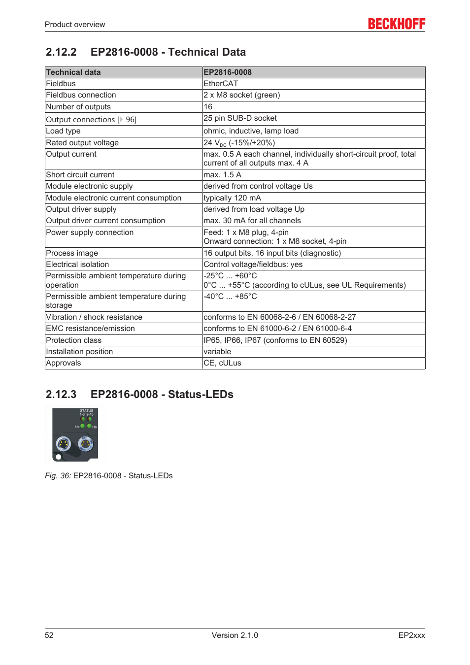 2 ep2816-0008 - technical data, 3 ep2816-0008 - status-leds | BECKHOFF EP2xxx User Manual | Page 52 / 197