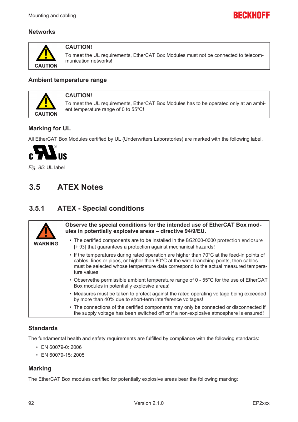 5 atex notes, 1 atex - special conditions, Special conditions | Atex ‐ special conditions, 92] for atex approved modules, 1 atex ­ special conditions | BECKHOFF EP2xxx User Manual | Page 92 / 197