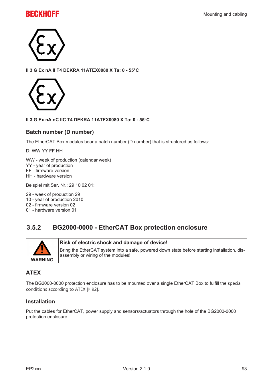 2 bg2000-0000 - ethercat box protection enclosure, Bg2000‐0000 protection enclosure | BECKHOFF EP2xxx User Manual | Page 93 / 197