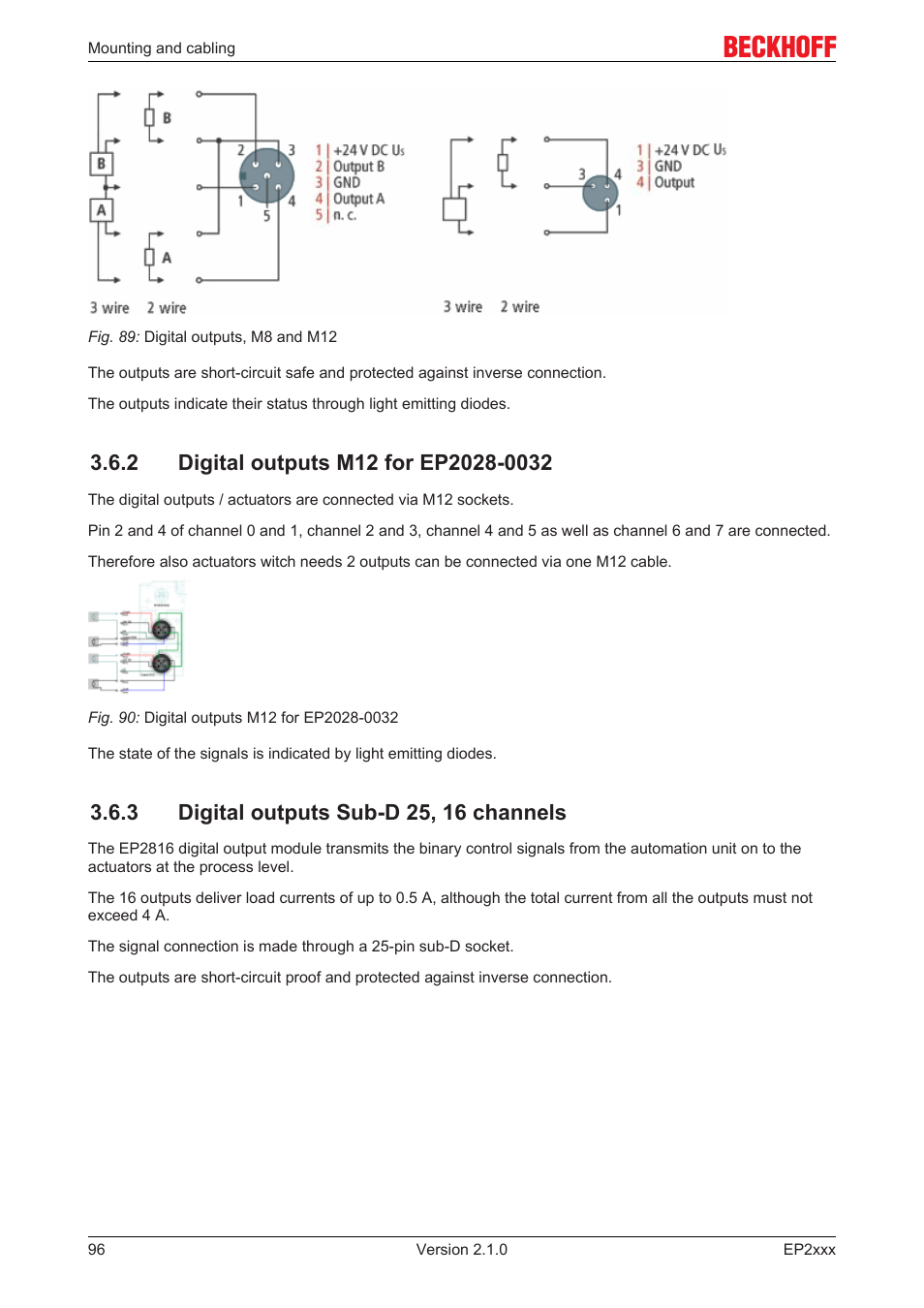 2 digital outputs m12 for ep2028-0032, 3 digital outputs sub-d 25, 16 channels, Actuator connection | BECKHOFF EP2xxx User Manual | Page 96 / 197