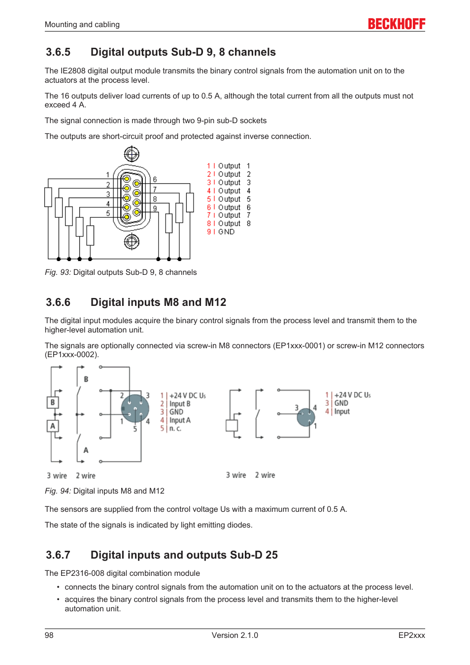 5 digital outputs sub-d 9, 8 channels, 6 digital inputs m8 and m12, 7 digital inputs and outputs sub-d 25 | Input connections, 25 pin sub‐d socket ﴾pins 1 ‐ 8, 25 pin sub‐d socket ﴾pins 9 ‐ 18, 5 digital outputs subd 9, 8 channels, 7 digital inputs and outputs subd 25 | BECKHOFF EP2xxx User Manual | Page 98 / 197