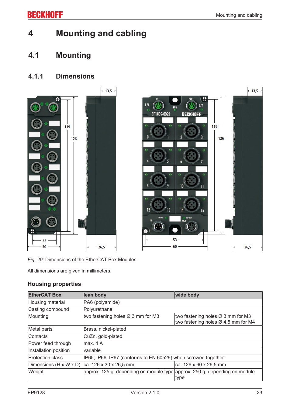 4 mounting and cabling, 1 mounting, 1 dimensions | Installation, 4mounting and cabling | BECKHOFF EP9128 User Manual | Page 23 / 46