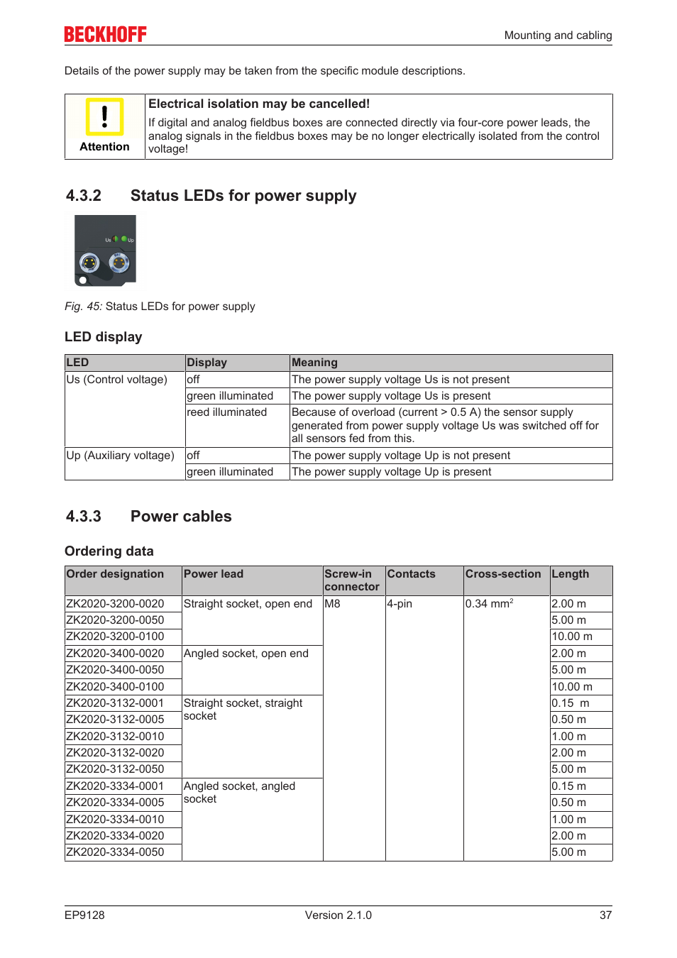 2 status leds for power supply, 3 power cables | BECKHOFF EP9128 User Manual | Page 37 / 46