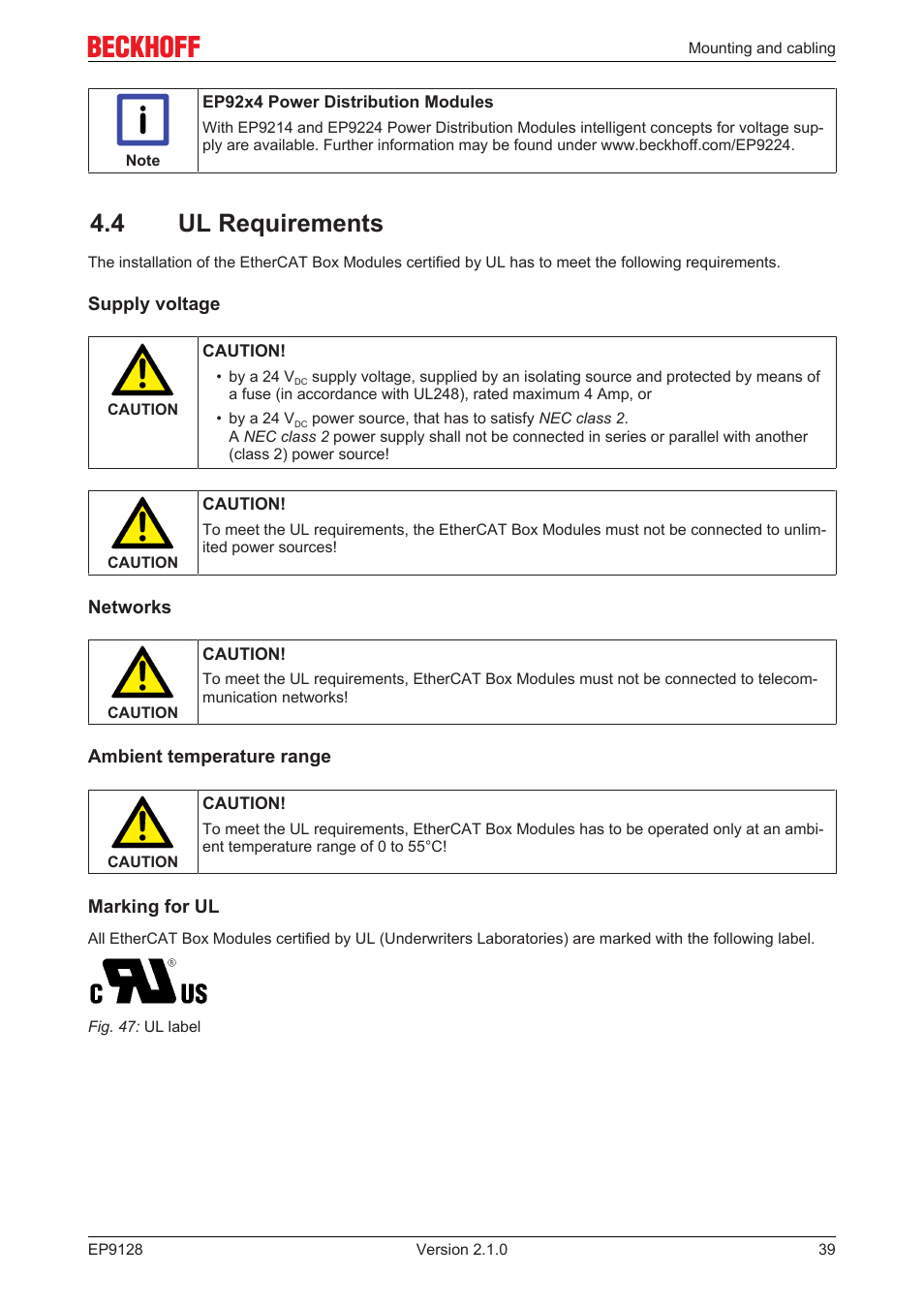 4 ul requirements, Ul requirements, 39] for ul­approved modules | BECKHOFF EP9128 User Manual | Page 39 / 46