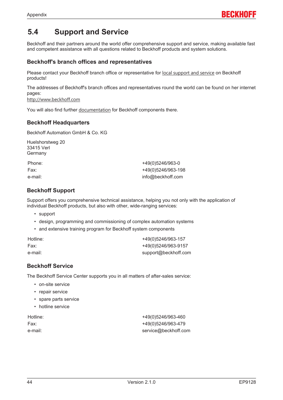 4 support and service | BECKHOFF EP9128 User Manual | Page 44 / 46