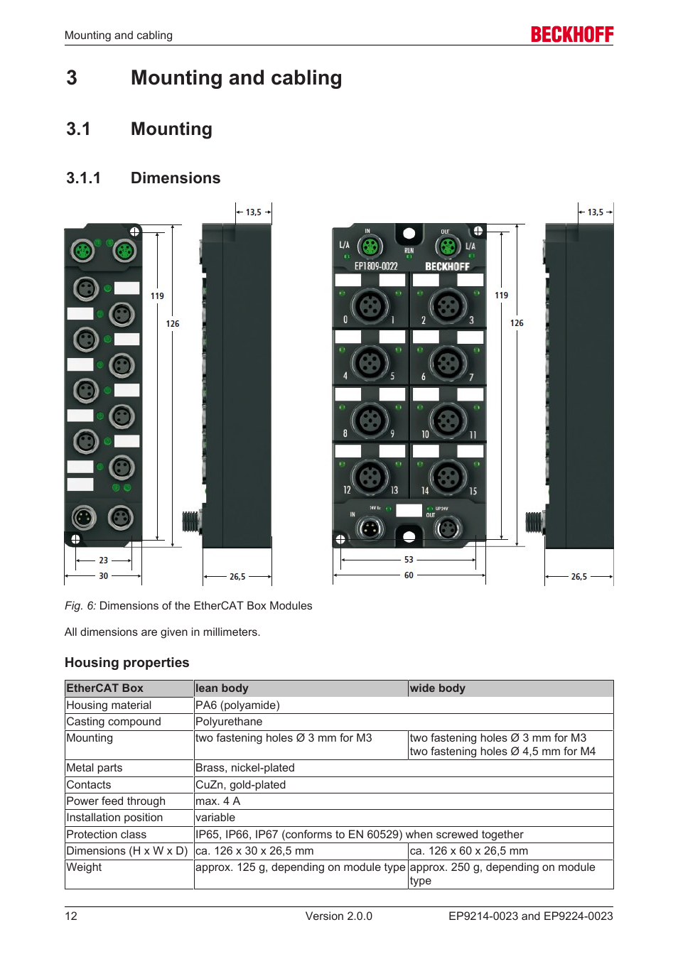 3 mounting and cabling, 1 mounting, 1 dimensions | 3mounting and cabling | BECKHOFF EP9214-0023 User Manual | Page 12 / 109