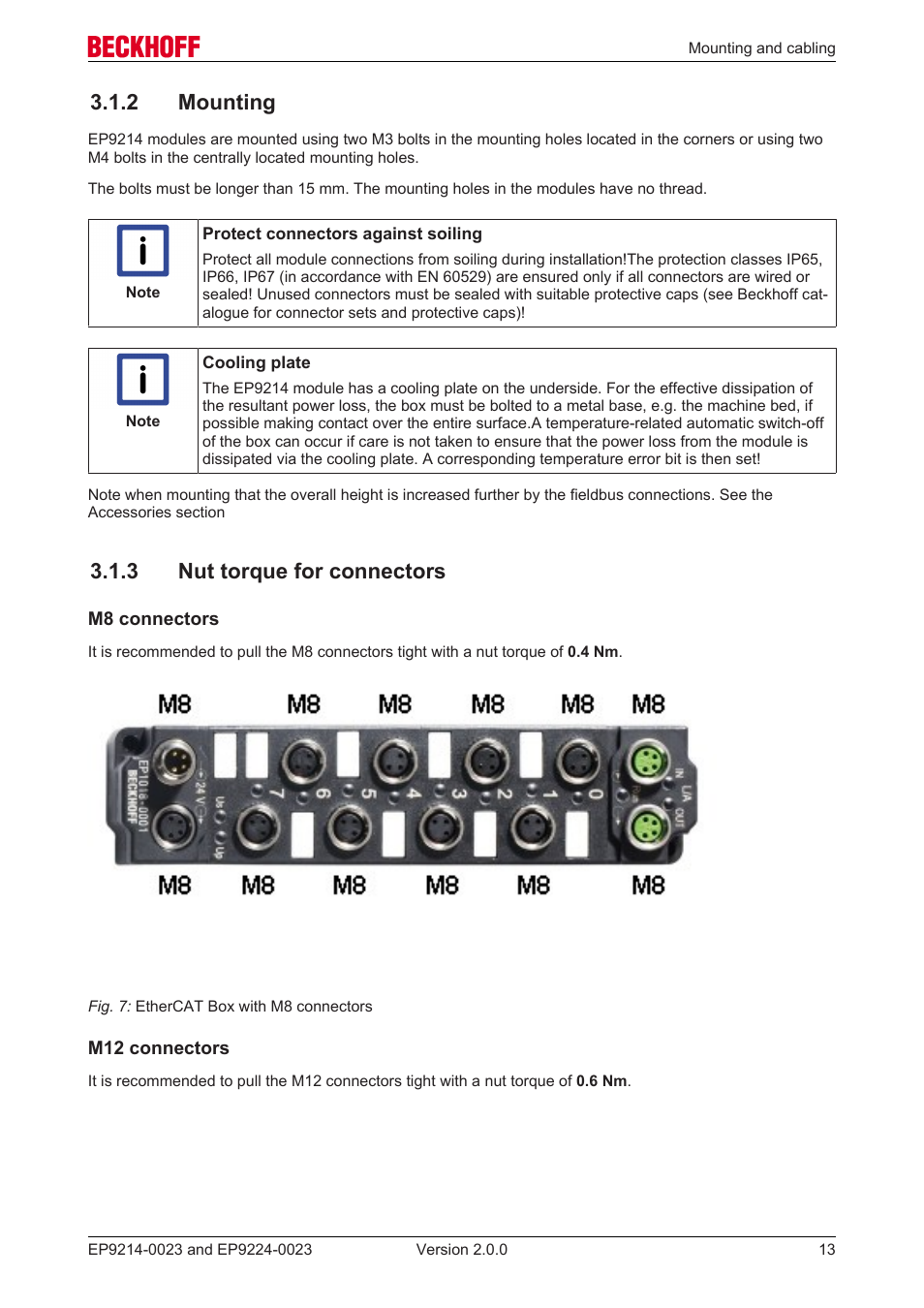 2 mounting, 3 nut torque for connectors | BECKHOFF EP9214-0023 User Manual | Page 13 / 109