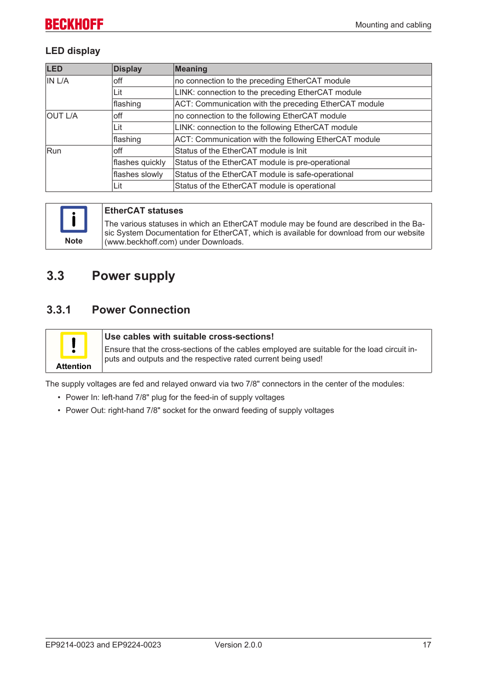 3 power supply, 1 power connection | BECKHOFF EP9214-0023 User Manual | Page 17 / 109