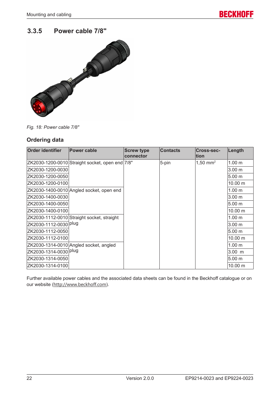5 power cable 7/8 | BECKHOFF EP9214-0023 User Manual | Page 22 / 109
