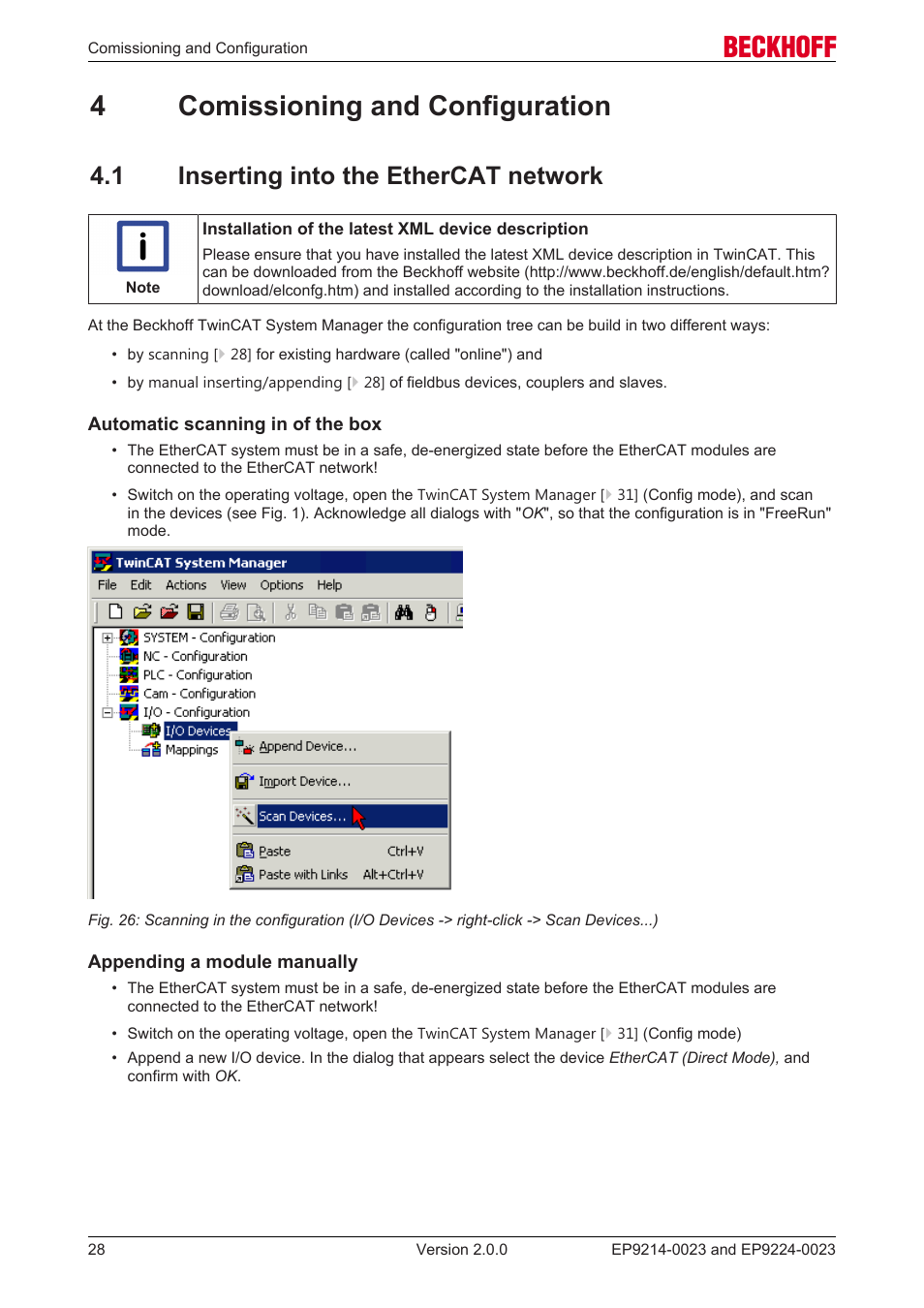 4 comissioning and configuration, 1 inserting into the ethercat network, 4comissioning and configuration | BECKHOFF EP9214-0023 User Manual | Page 28 / 109