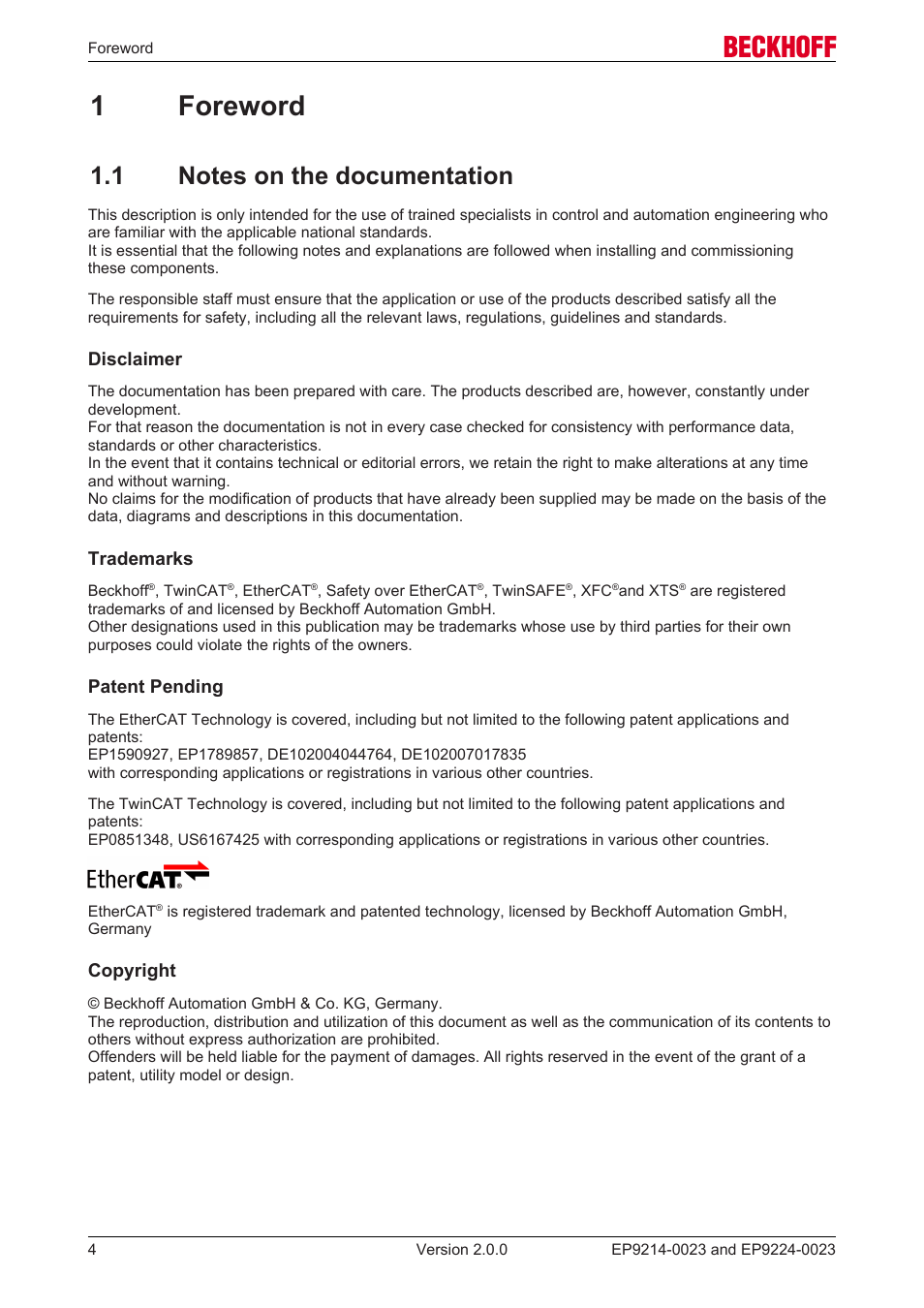 1 foreword, 1 notes on the documentation, 1foreword | BECKHOFF EP9214-0023 User Manual | Page 4 / 109