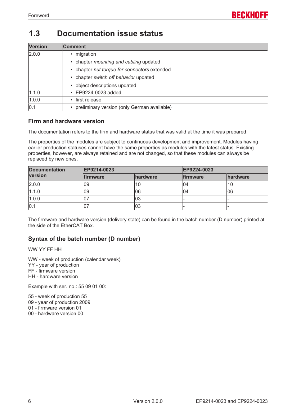 3 documentation issue status | BECKHOFF EP9214-0023 User Manual | Page 6 / 109