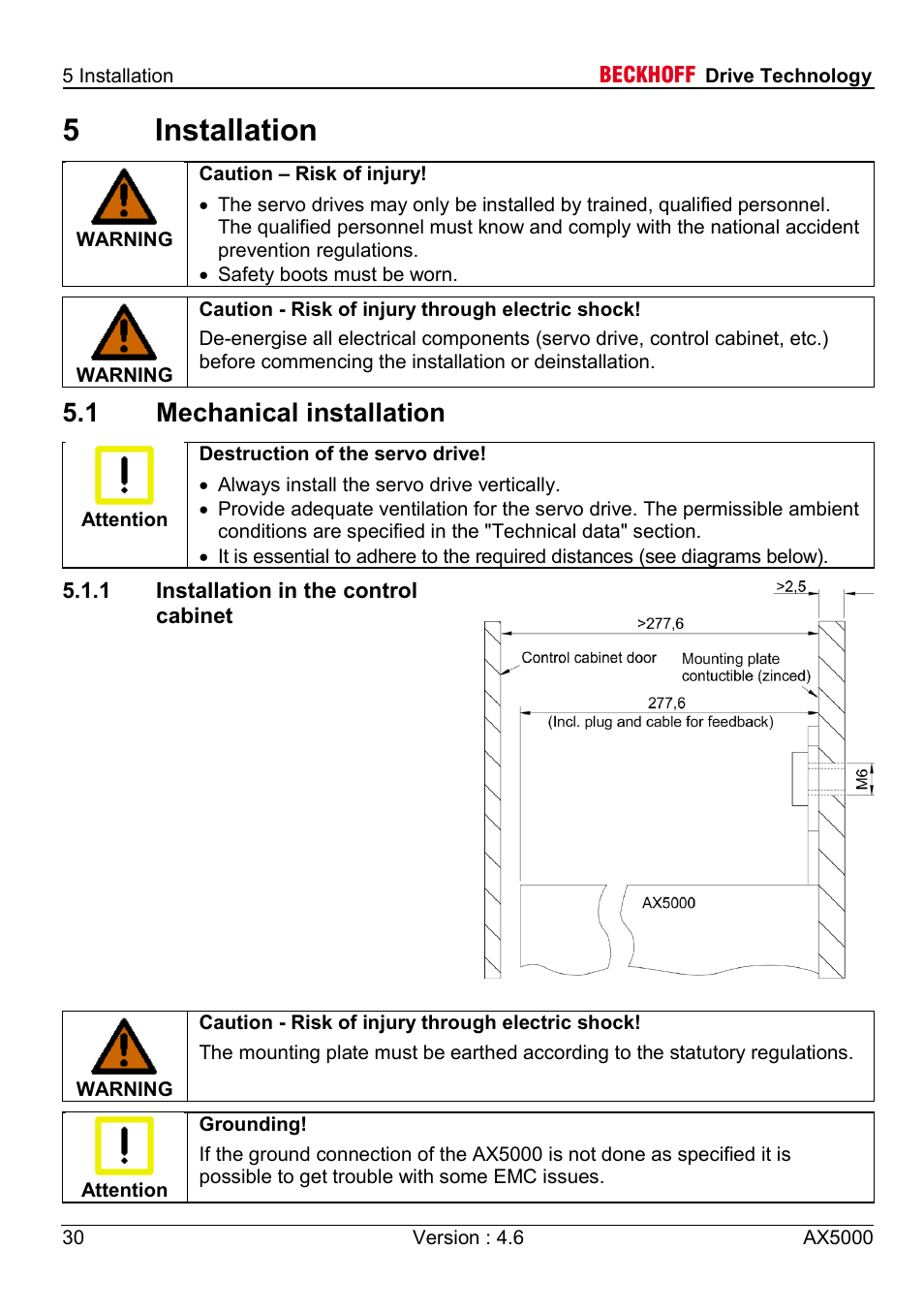 5 installation, 1 mechanical installation, 1 installation in the control cabinet | 5installation | BECKHOFF AX5000 1,5 A - 40 A User Manual | Page 30 / 46