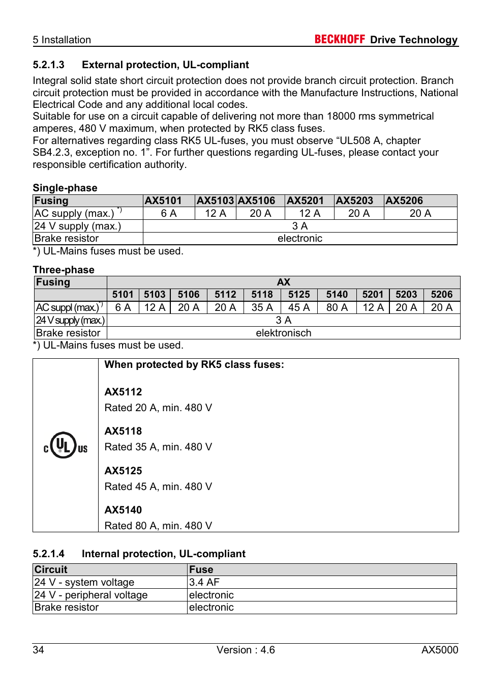 3 external protection, ul-compliant, 4 internal protection, ul-compliant | BECKHOFF AX5000 1,5 A - 40 A User Manual | Page 34 / 46