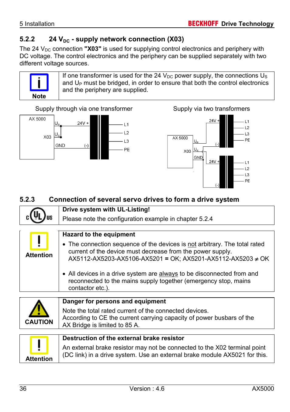 2 24 vdc - supply network connection (x03) | BECKHOFF AX5000 1,5 A - 40 A User Manual | Page 36 / 46