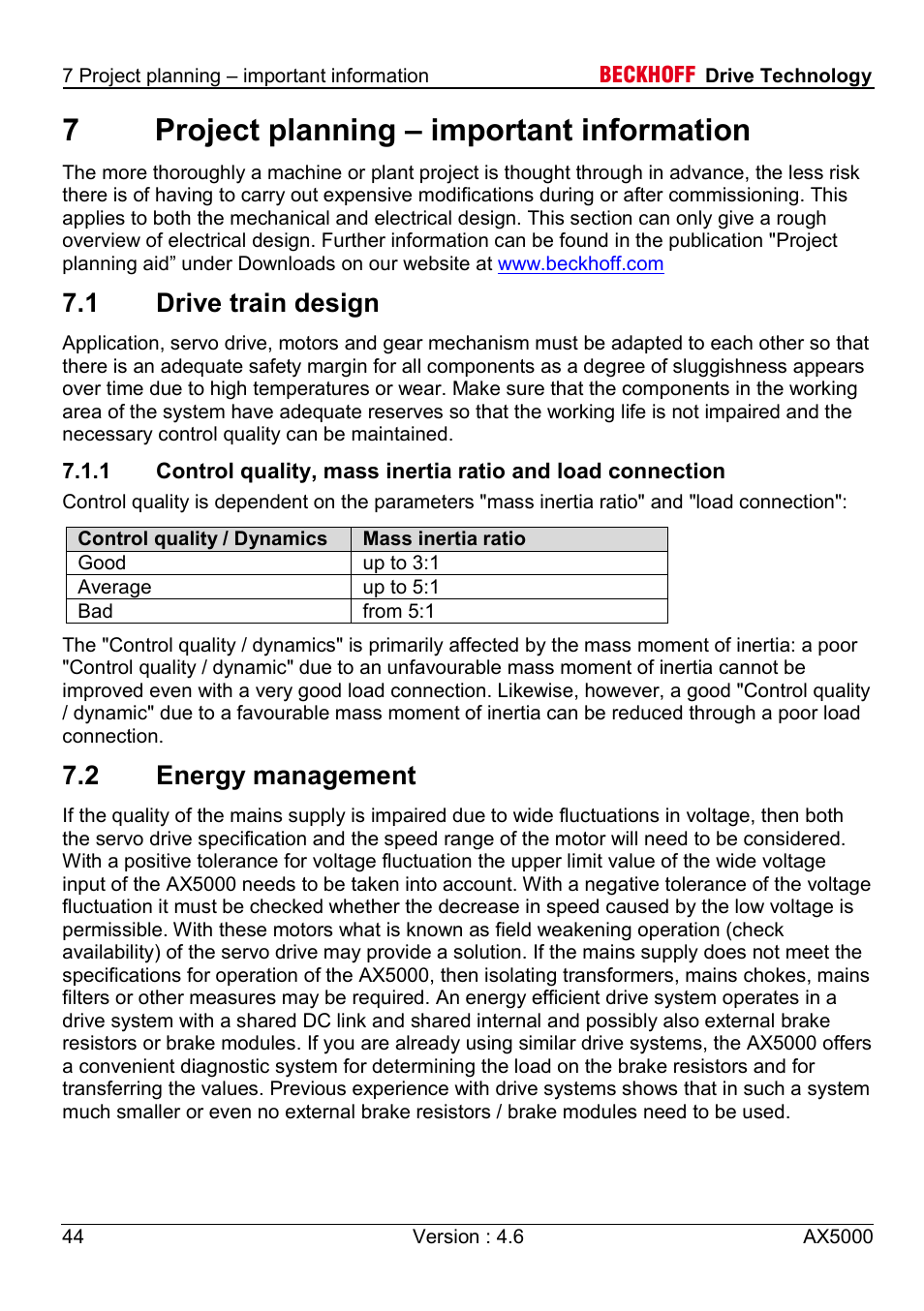 7 project planning – important information, 1 drive train design, 2 energy management | 7project planning – important information | BECKHOFF AX5000 1,5 A - 40 A User Manual | Page 44 / 46