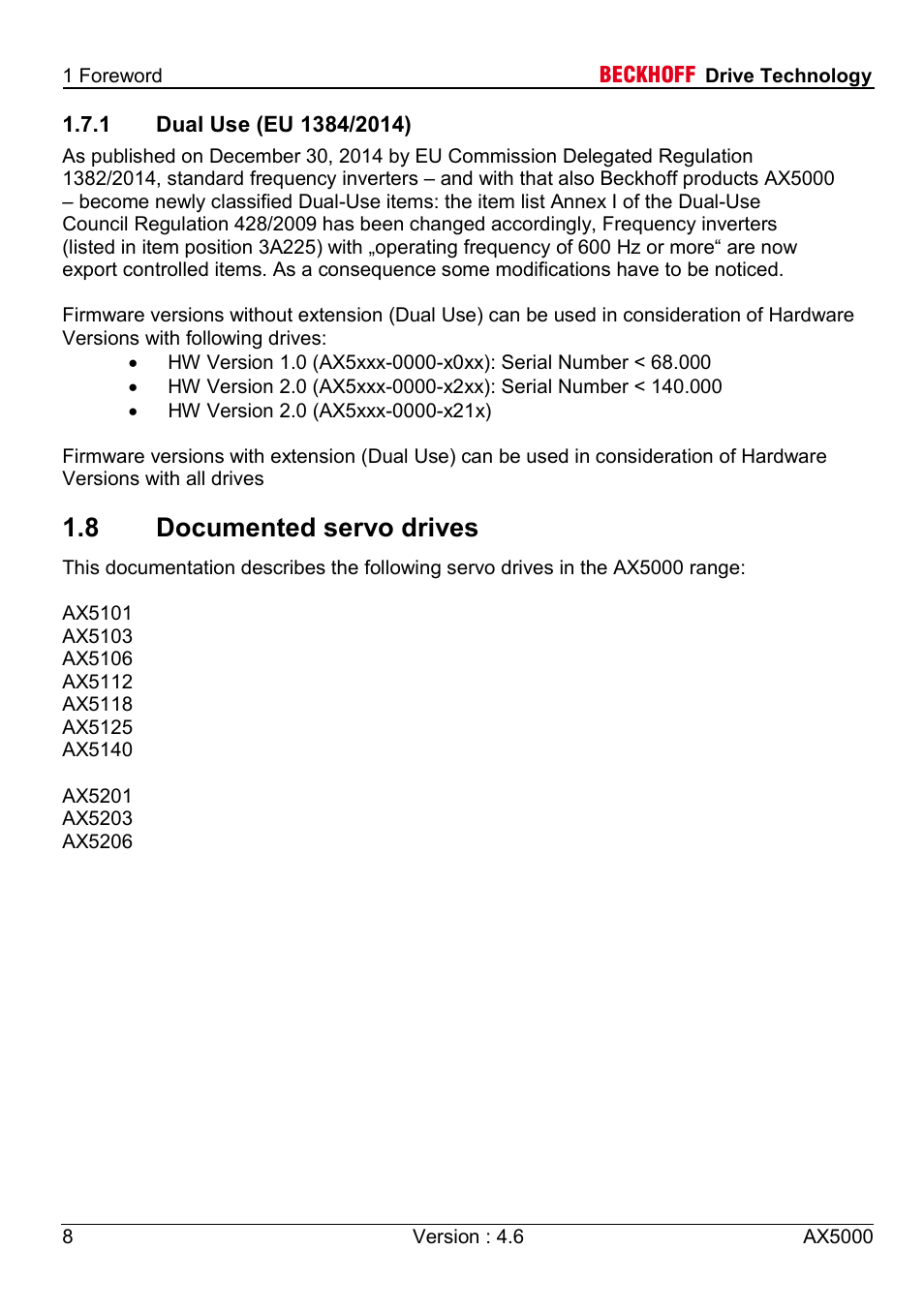 1 dual use (eu 1384/2014), 8 documented servo drives | BECKHOFF AX5000 1,5 A - 40 A User Manual | Page 8 / 46
