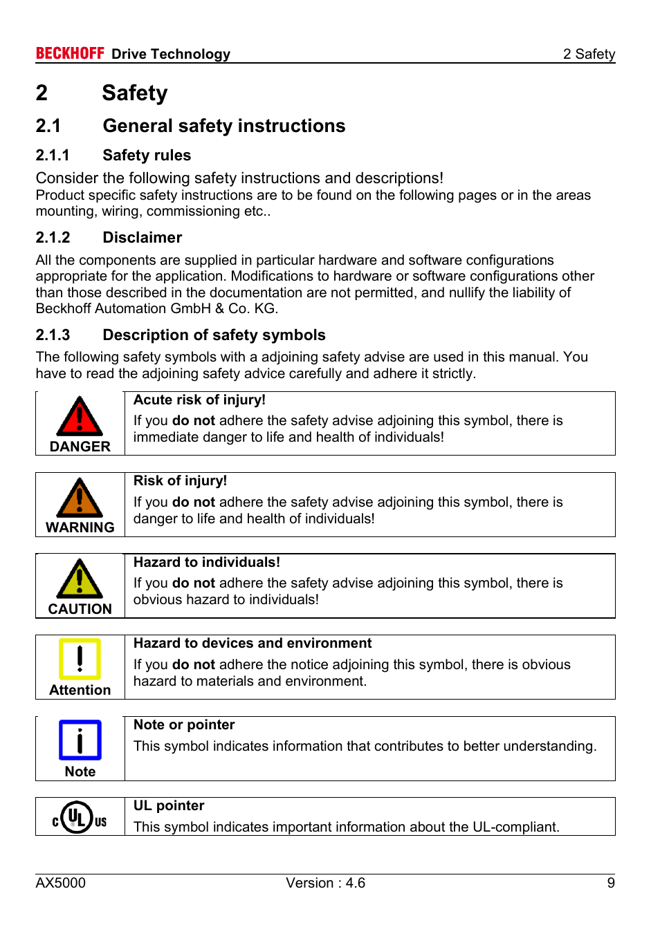 2 safety, 1 general safety instructions, 1 safety rules | 2 disclaimer, 3 description of safety symbols, 2safety | BECKHOFF AX5000 1,5 A - 40 A User Manual | Page 9 / 46