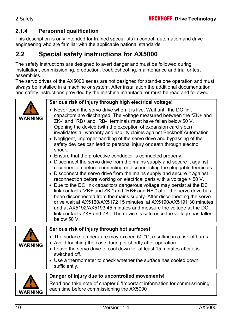 4 personnel qualification, 2 special safety instructions for ax5000 | BECKHOFF AX5000 60 A - 170 A User Manual | Page 10 / 40