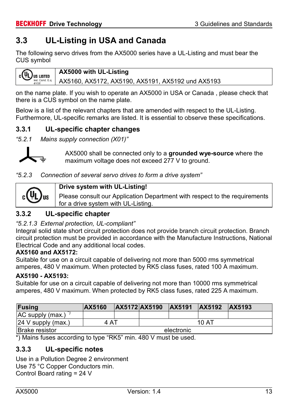 3 ul-listing in usa and canada, 1 ul-specific chapter changes, 2 ul-specific chapter | 3 ul-specific notes | BECKHOFF AX5000 60 A - 170 A User Manual | Page 13 / 40