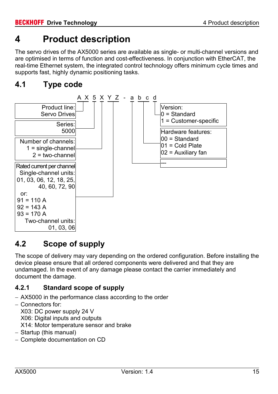 4 product description, 1 type code, 2 scope of supply | 1 standard scope of supply, 4product description | BECKHOFF AX5000 60 A - 170 A User Manual | Page 15 / 40