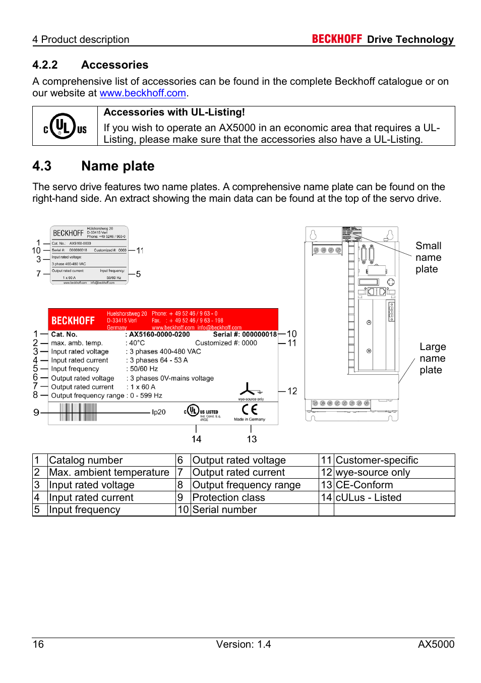 2 accessories, 3 name plate | BECKHOFF AX5000 60 A - 170 A User Manual | Page 16 / 40