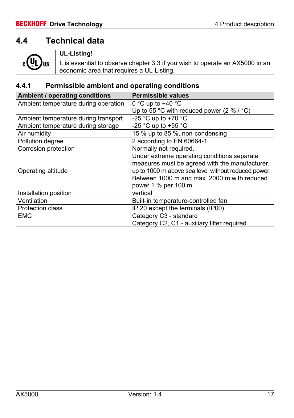 4 technical data, 1 permissible ambient and operating conditions | BECKHOFF AX5000 60 A - 170 A User Manual | Page 17 / 40