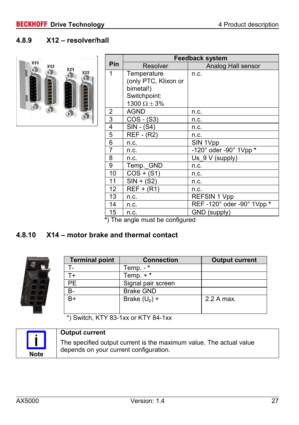 9 x12 – resolver/hall, 10 x14 – motor brake and thermal contact | BECKHOFF AX5000 60 A - 170 A User Manual | Page 27 / 40