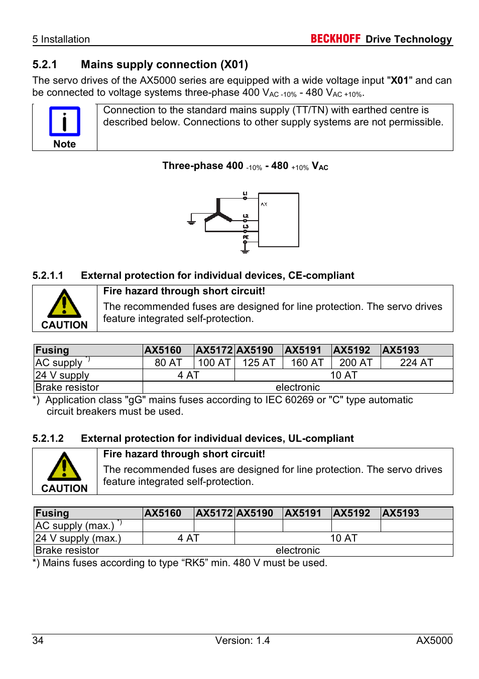 1 mains supply connection (x01) | BECKHOFF AX5000 60 A - 170 A User Manual | Page 34 / 40