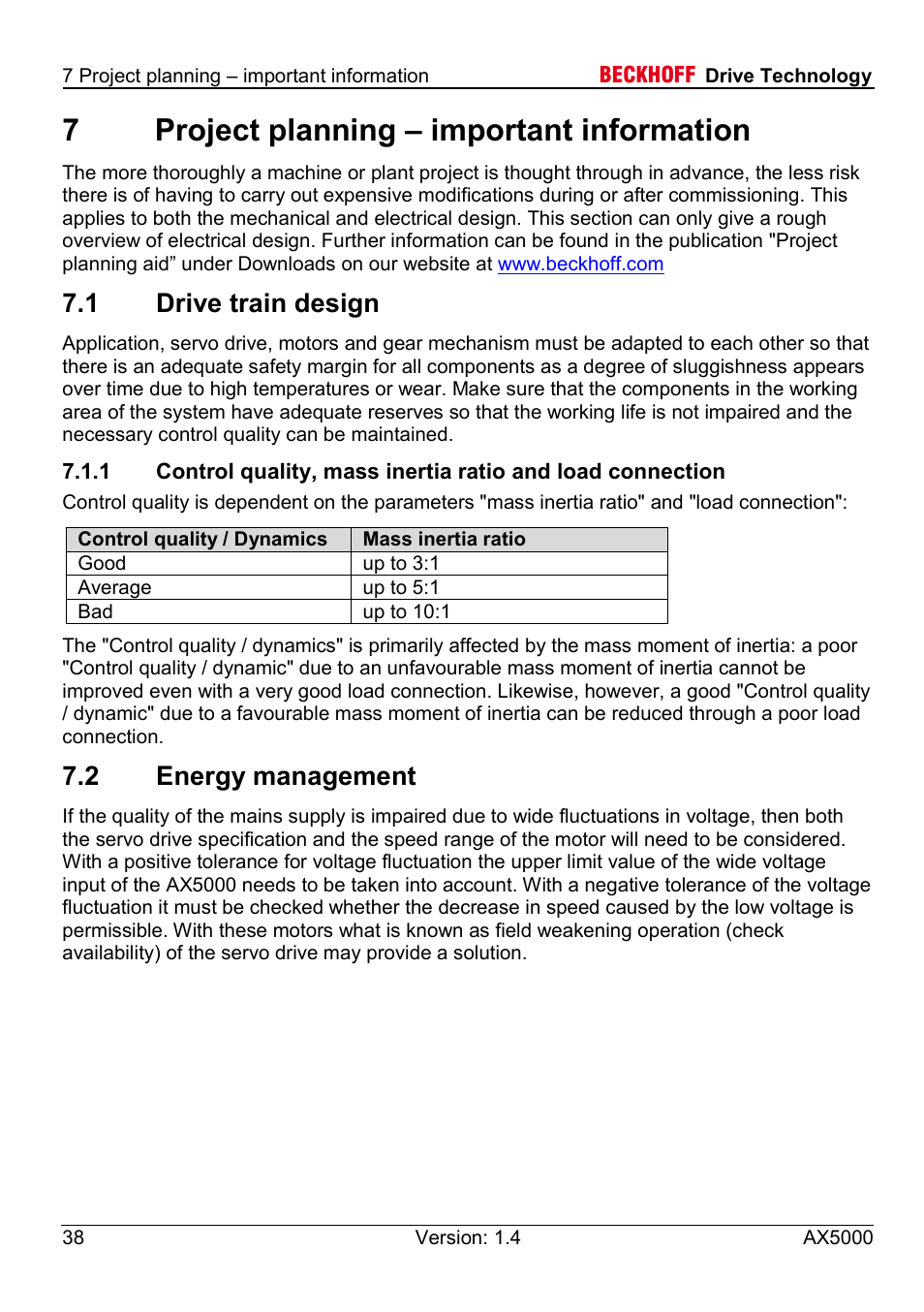 7 project planning – important information, 1 drive train design, 2 energy management | 7project planning – important information | BECKHOFF AX5000 60 A - 170 A User Manual | Page 38 / 40