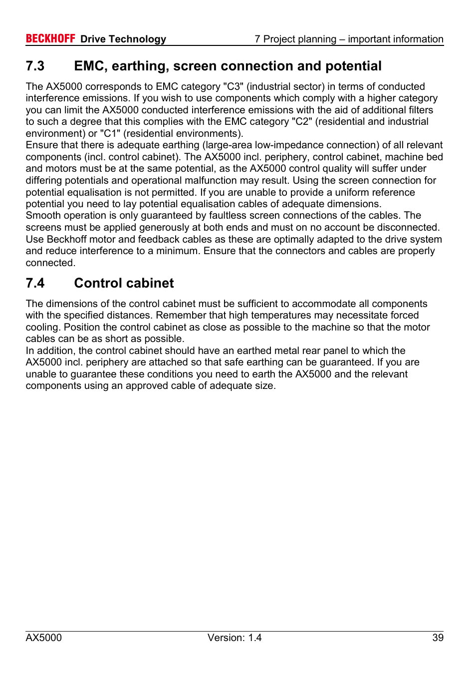 3 emc, earthing, screen connection and potential, 4 control cabinet | BECKHOFF AX5000 60 A - 170 A User Manual | Page 39 / 40