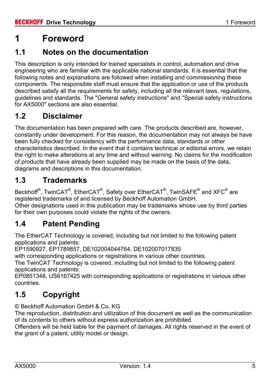 1 foreword, 1 notes on the documentation, 2 disclaimer | 3 trademarks, 4 patent pending, 5 copyright, 1foreword | BECKHOFF AX5000 60 A - 170 A User Manual | Page 5 / 40