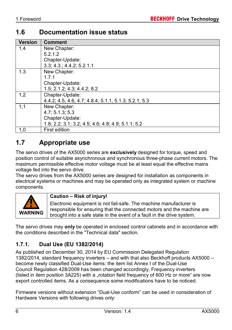 6 documentation issue status, 7 appropriate use, Dual use (eu 1382/2014) | BECKHOFF AX5000 60 A - 170 A User Manual | Page 6 / 40