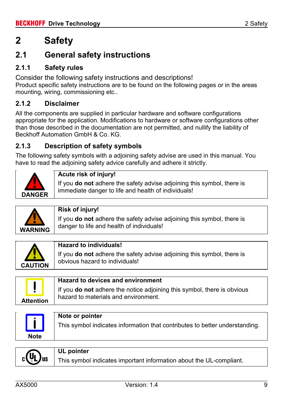 2 safety, 1 general safety instructions, 1 safety rules | 2 disclaimer, 3 description of safety symbols, 2safety | BECKHOFF AX5000 60 A - 170 A User Manual | Page 9 / 40