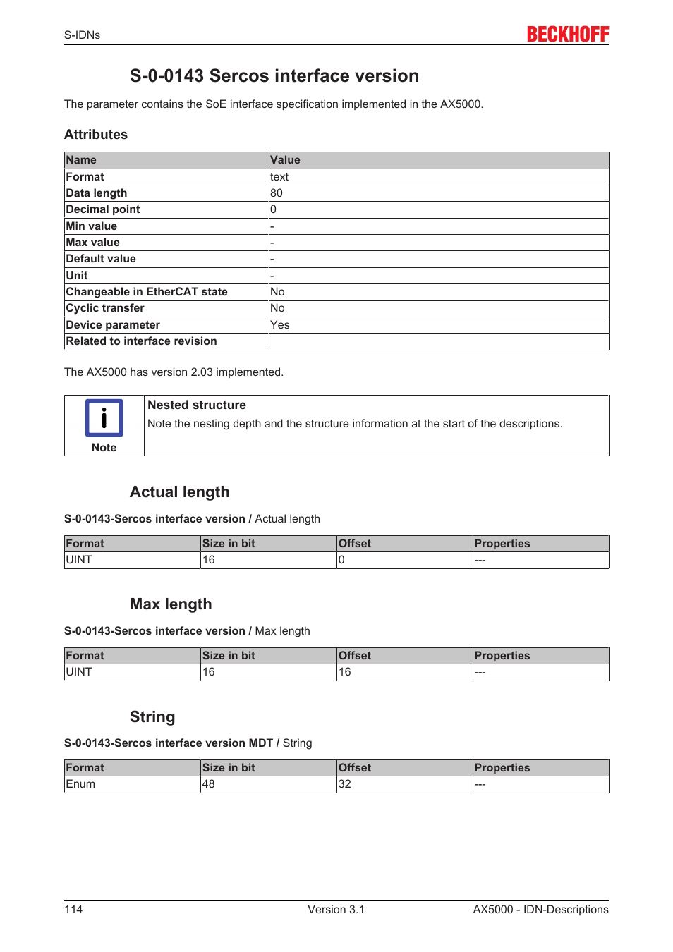 S-0-0143 sercos interface version, Actual length, Max length | String | BECKHOFF AX5000 S-IDN Parameters User Manual | Page 114 / 190