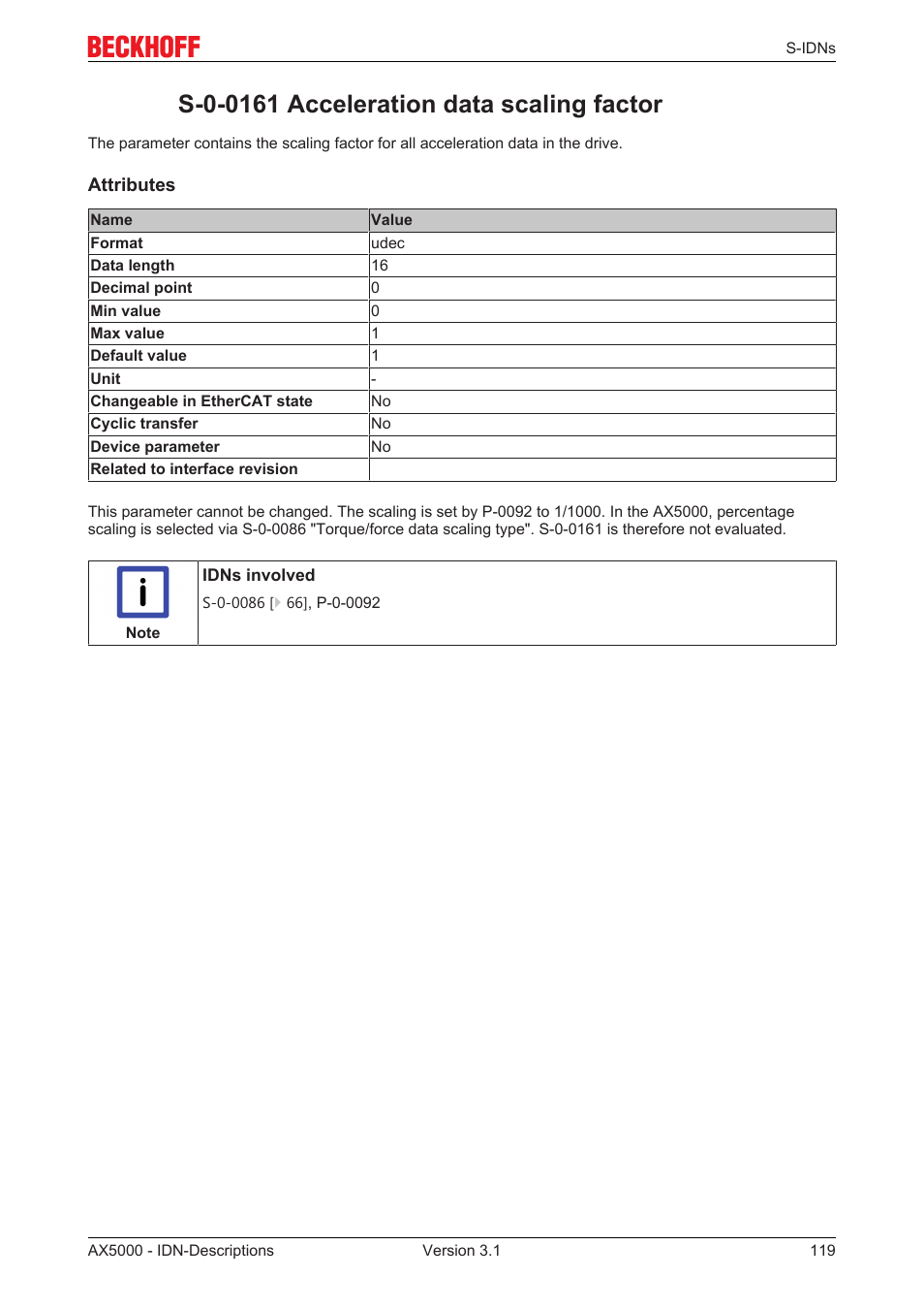 S-0-0161 acceleration data scaling factor, S‐0‐0161 | BECKHOFF AX5000 S-IDN Parameters User Manual | Page 119 / 190