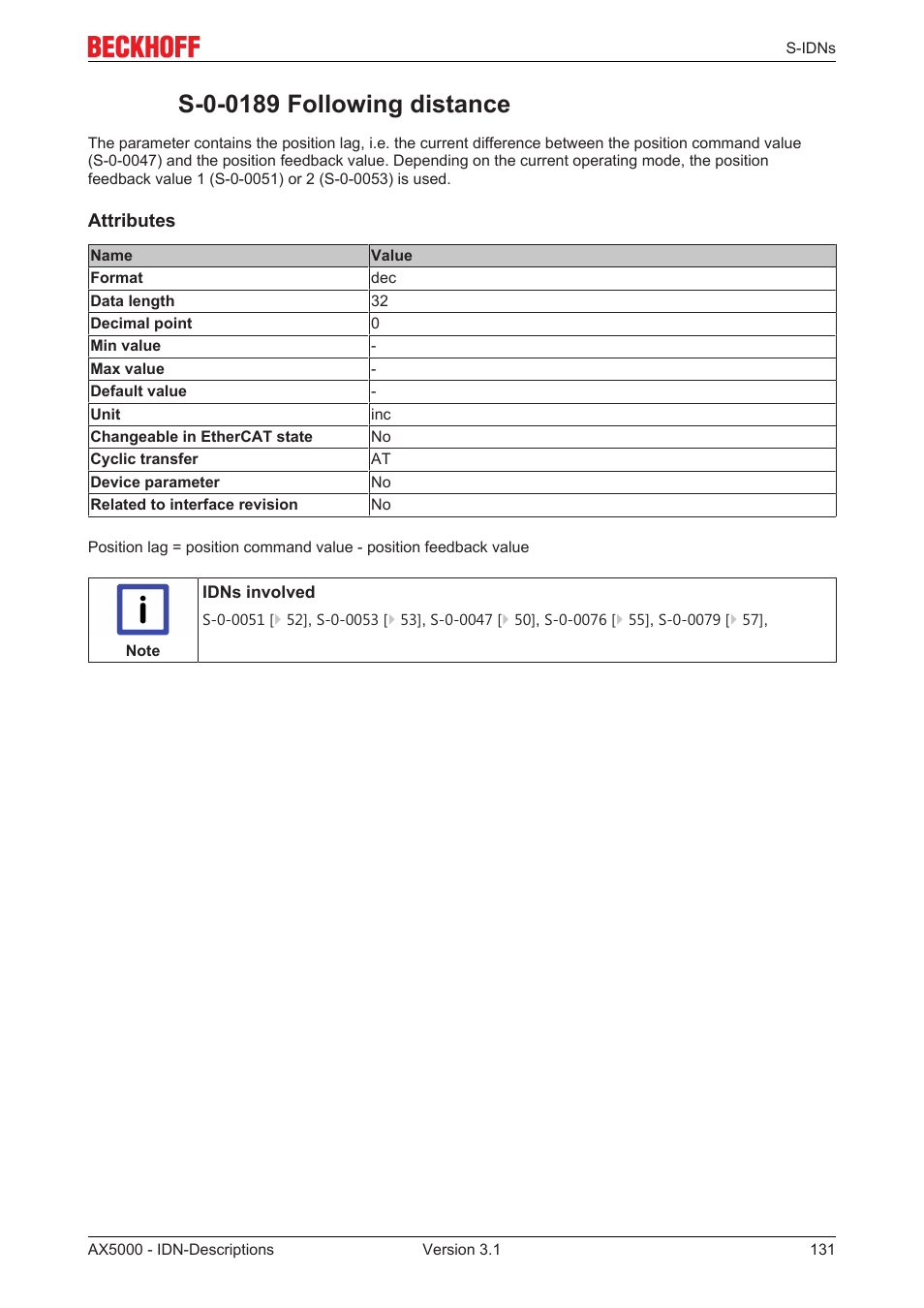 S-0-0189 following distance, S‐0‐0189 | BECKHOFF AX5000 S-IDN Parameters User Manual | Page 131 / 190