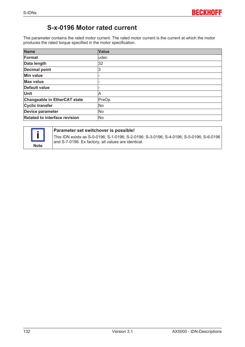 S-x-0196 motor rated current, S­x­0196 motor rated current | BECKHOFF AX5000 S-IDN Parameters User Manual | Page 132 / 190