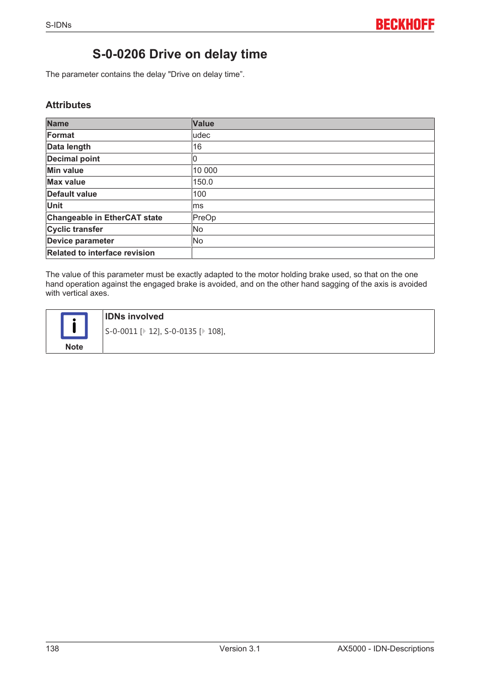 S-0-0206 drive on delay time | BECKHOFF AX5000 S-IDN Parameters User Manual | Page 138 / 190